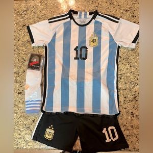 Messi Soccer Jersey, Shorts and Socks. Youth size 28 (fits age 8-10).